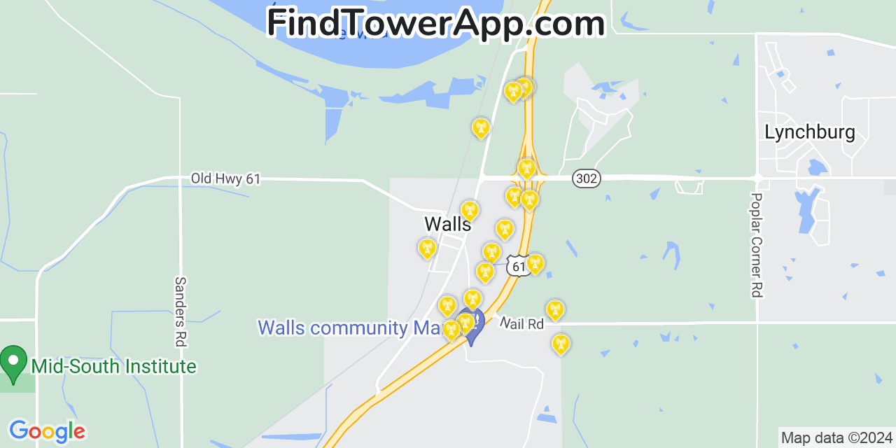 AT&T 4G/5G cell tower coverage map Walls, Mississippi