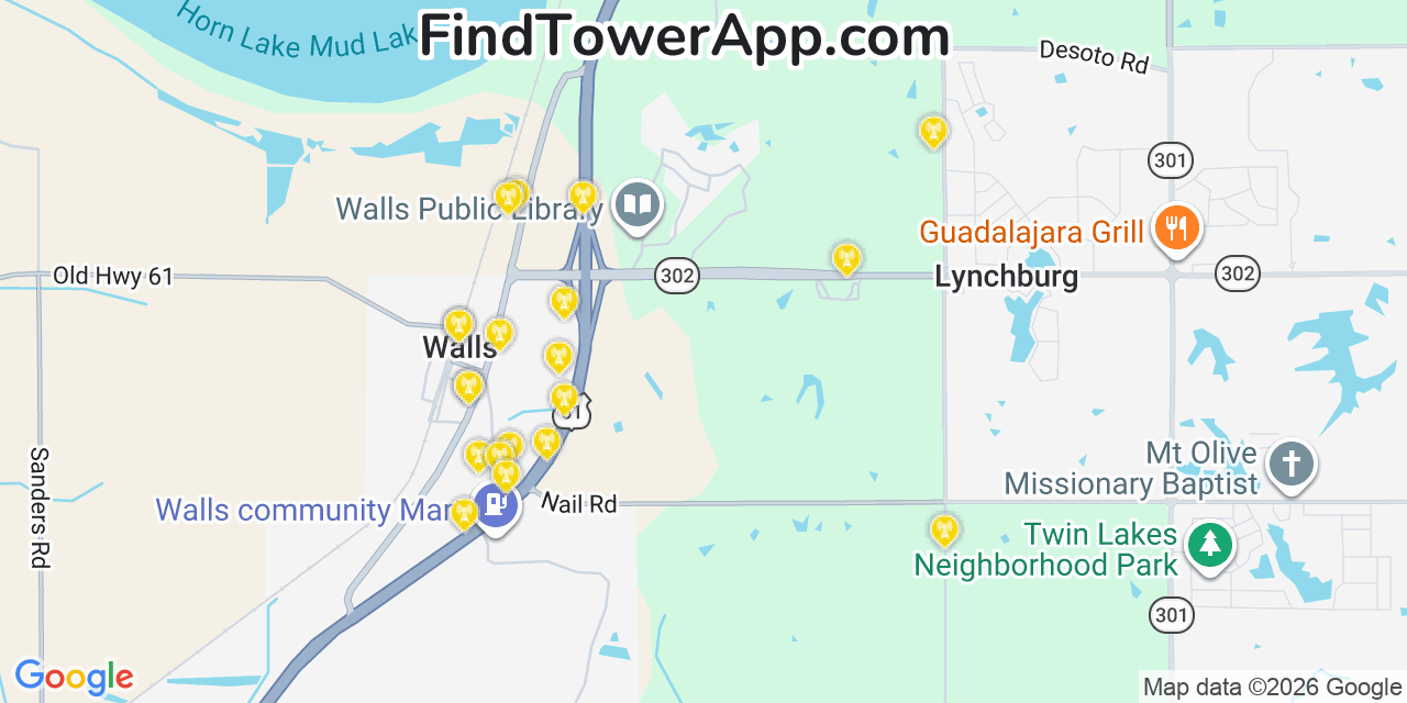 Map showing the 20 primary cell tower locations detected in Walls, Mississippi from AT&T, Verizon, and T-Mobile networks