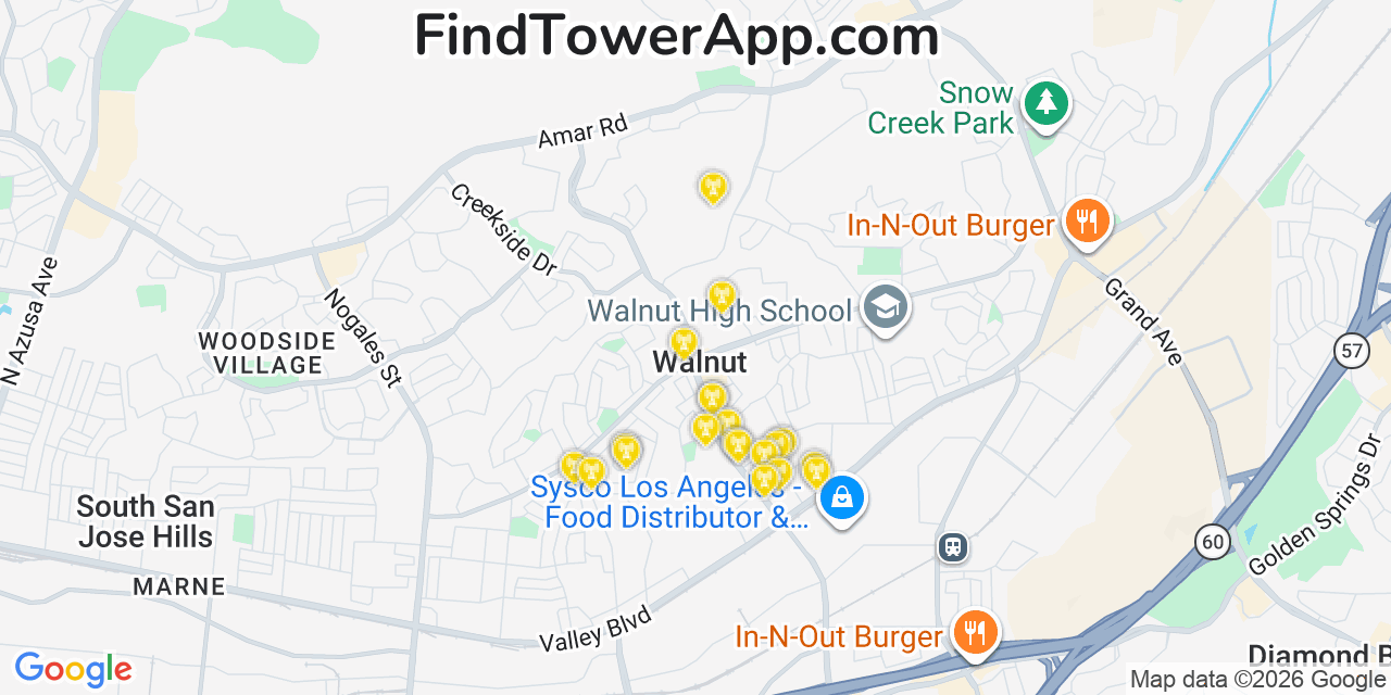 Map showing the 20 primary cell tower locations detected in Walnut, California from AT&T, Verizon, and T-Mobile networks