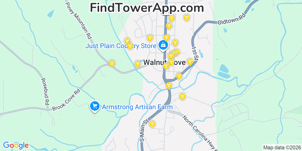 Map showing the 20 primary cell tower locations detected in Walnut Cove, North Carolina from AT&T, Verizon, and T-Mobile networks