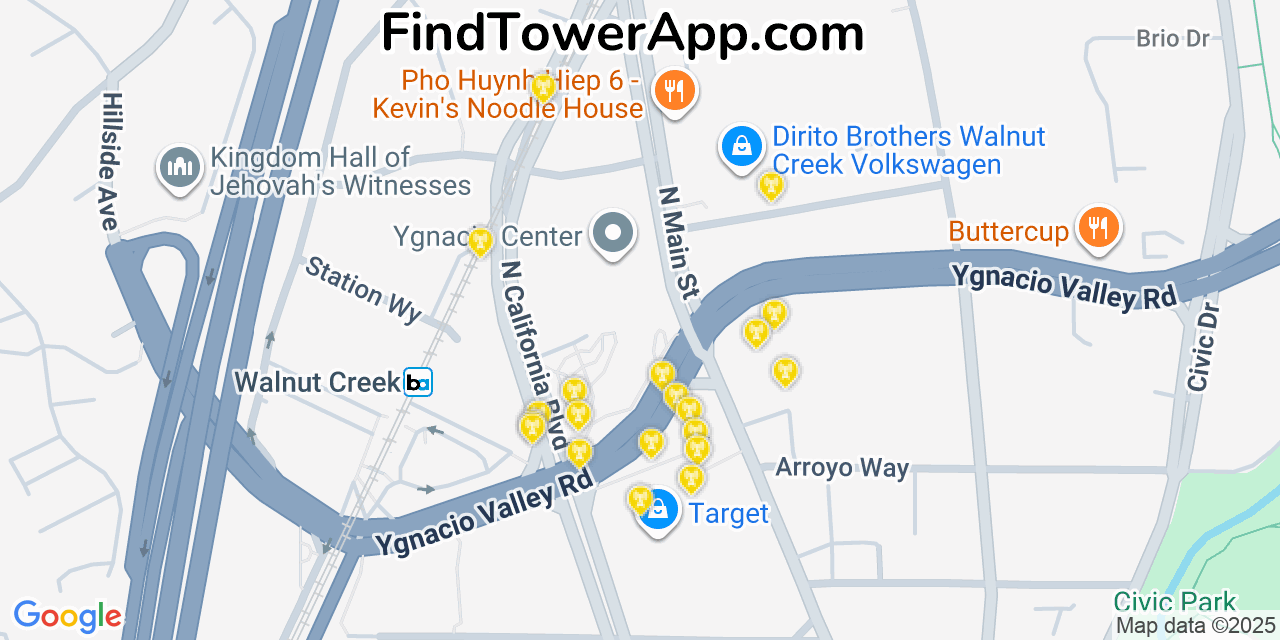 Map showing the 20 primary cell tower locations detected in Walnut Creek, California from AT&T, Verizon, and T-Mobile networks