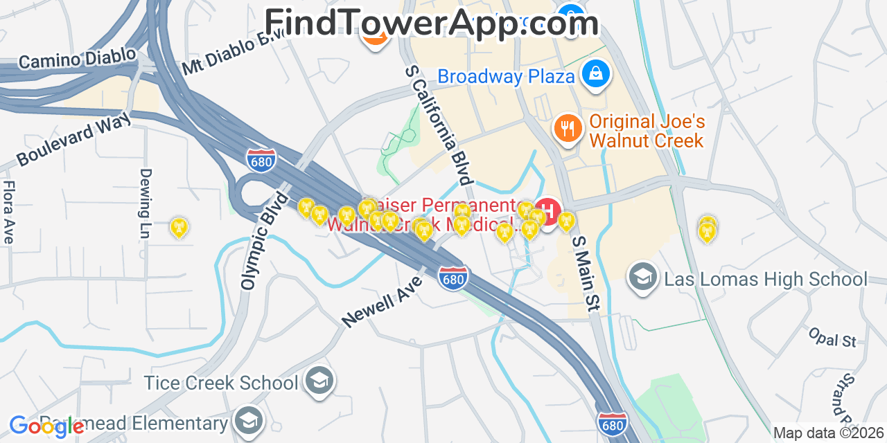 Map showing the 20 primary cell tower locations detected in Walnut Creek, California from AT&T, Verizon, and T-Mobile networks