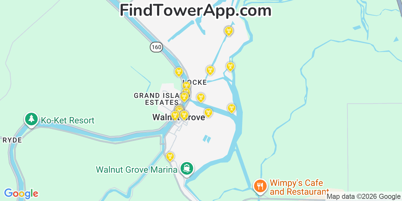 Map showing the 20 primary cell tower locations detected in Walnut Grove, California from AT&T, Verizon, and T-Mobile networks
