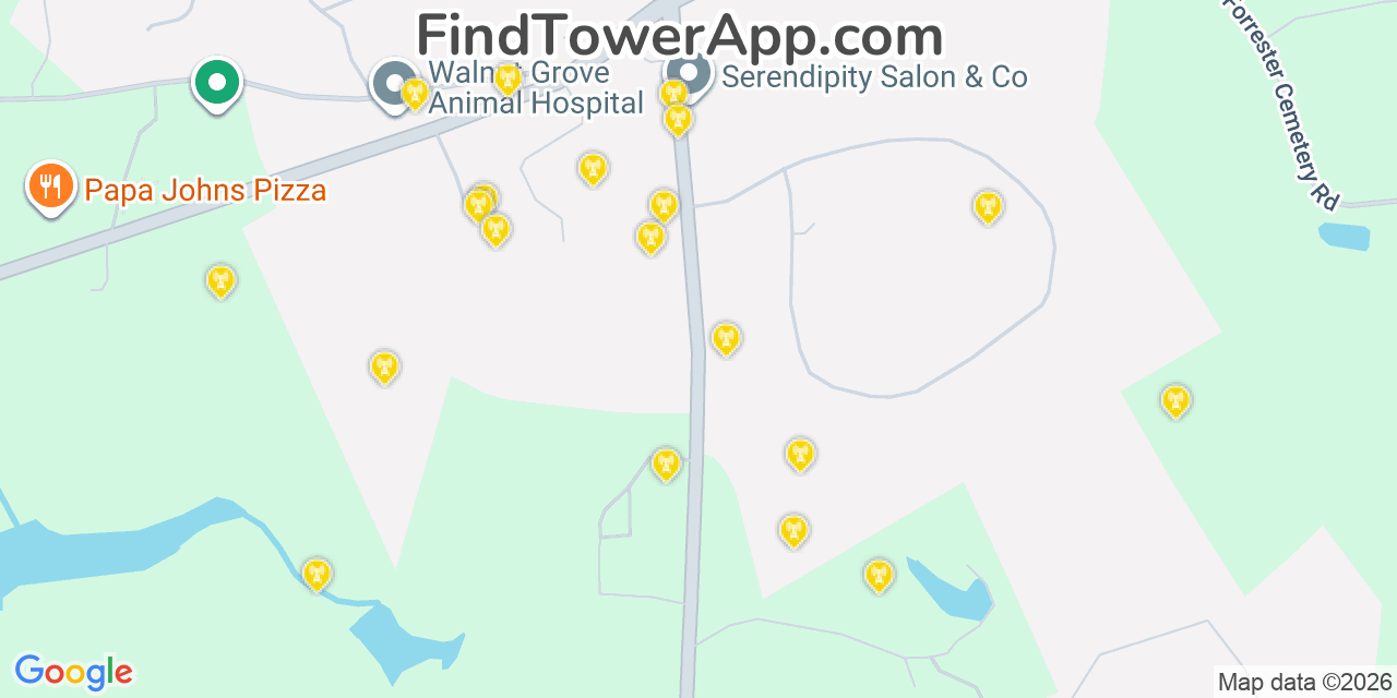 Map showing the 20 primary cell tower locations detected in Walnut Grove, Georgia from AT&T, Verizon, and T-Mobile networks