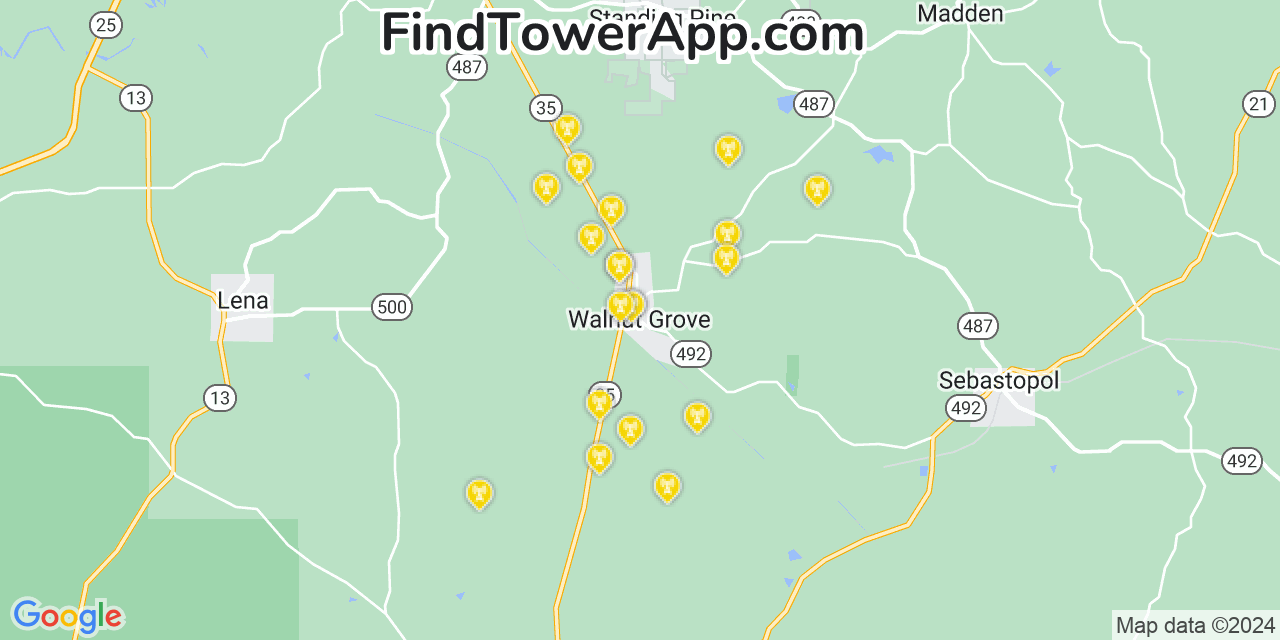 AT&T 4G/5G cell tower coverage map Walnut Grove, Mississippi