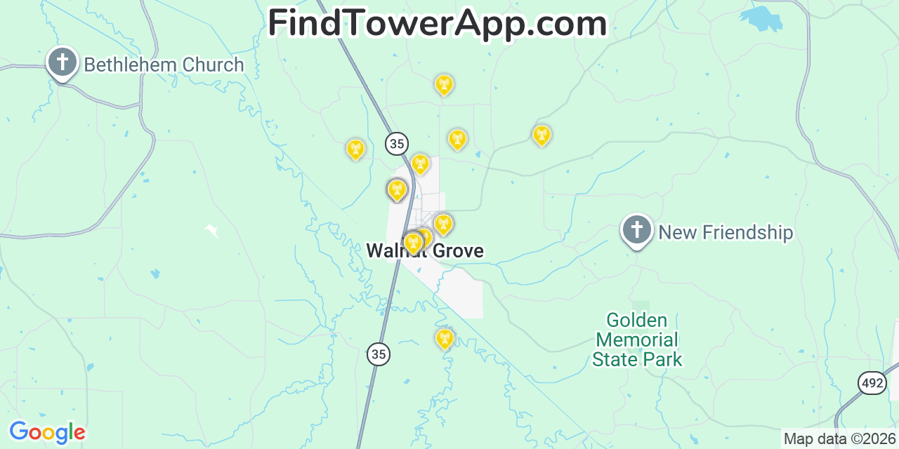 Map showing the 20 primary cell tower locations detected in Walnut Grove, Mississippi from AT&T, Verizon, and T-Mobile networks