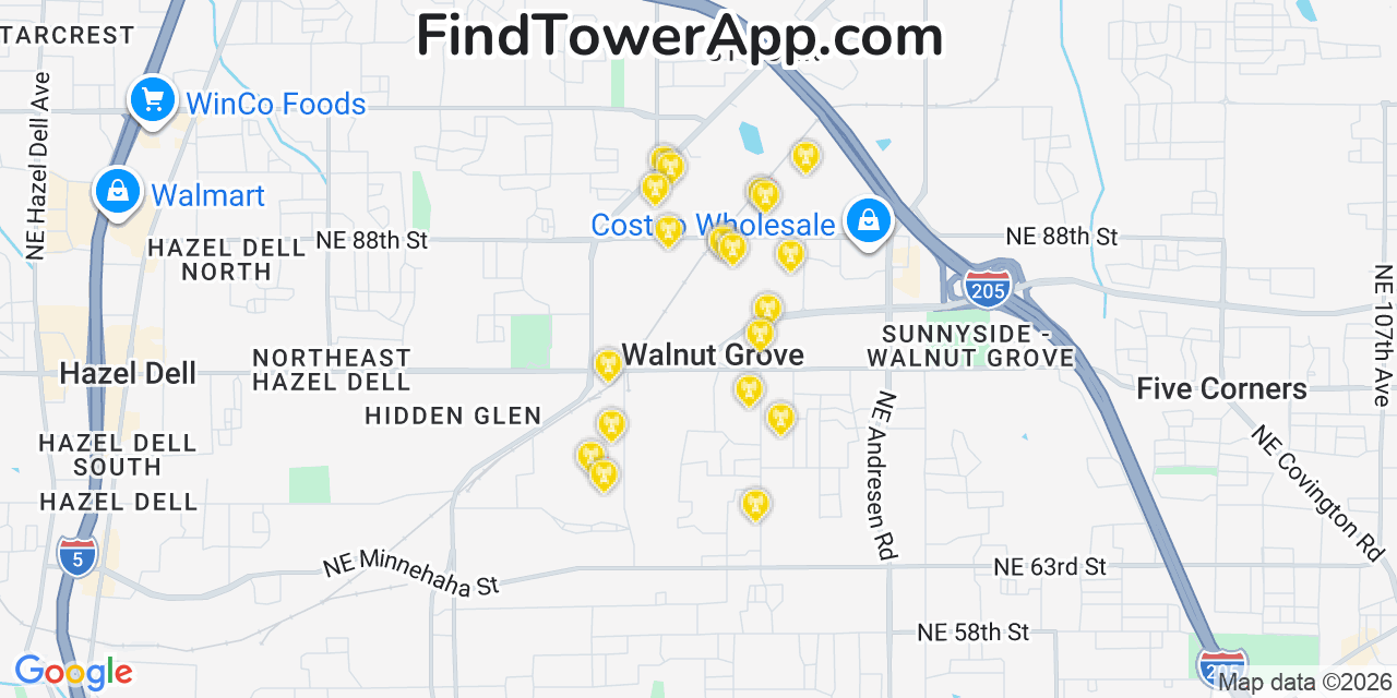 Map showing the 20 primary cell tower locations detected in Walnut Grove, Washington from AT&T, Verizon, and T-Mobile networks