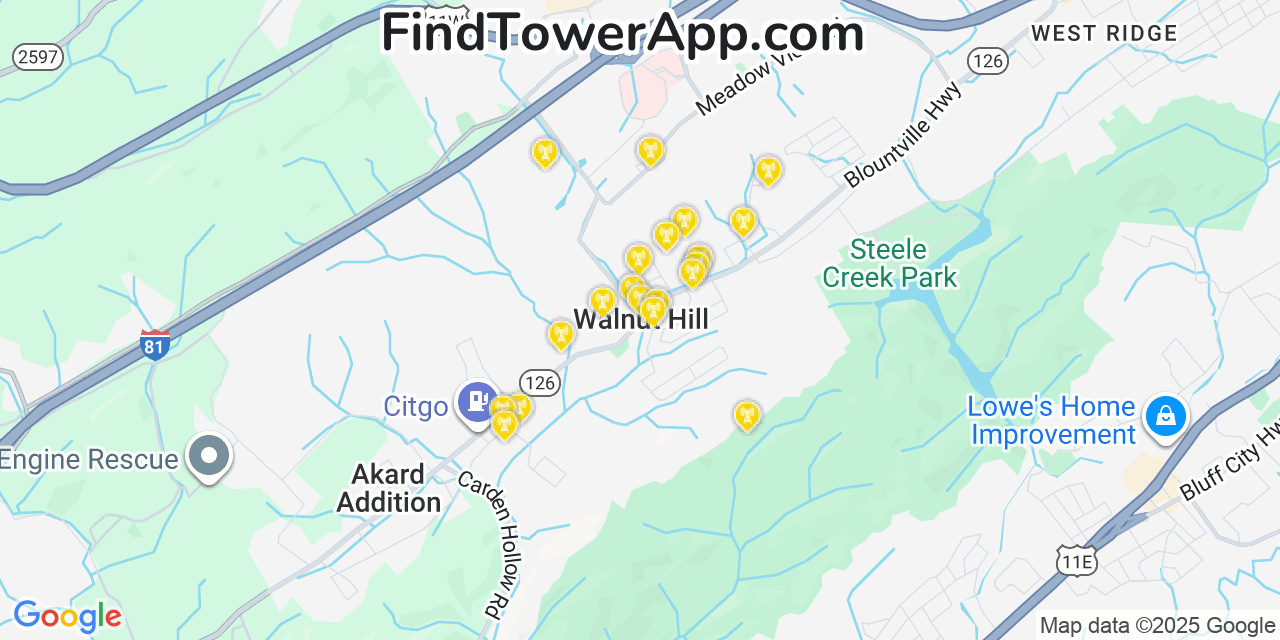 Map showing the 20 primary cell tower locations detected in Walnut Hill, Tennessee from AT&T, Verizon, and T-Mobile networks