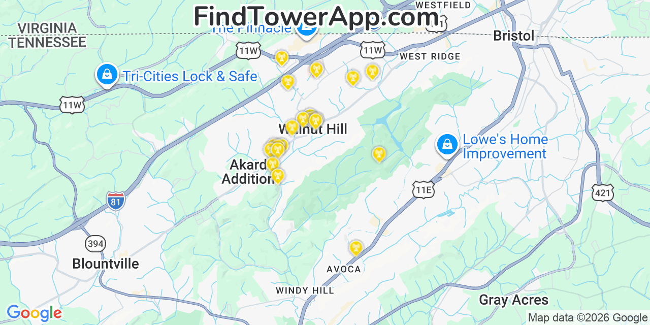 Map showing the 20 primary cell tower locations detected in Walnut Hill, Tennessee from AT&T, Verizon, and T-Mobile networks