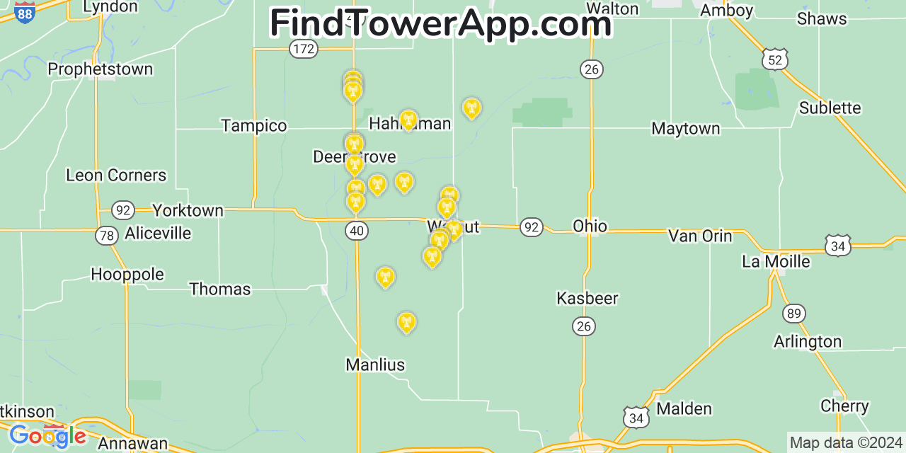 AT&T 4G/5G cell tower coverage map Walnut, Illinois