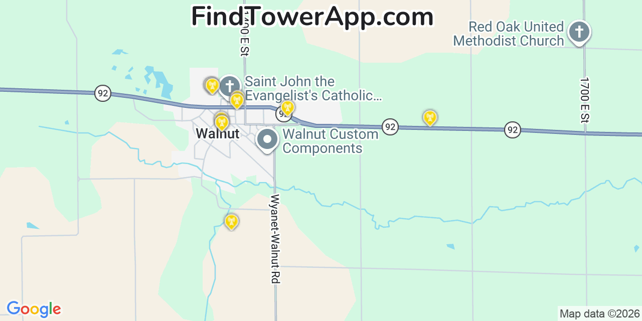Map showing the 20 primary cell tower locations detected in Walnut, Illinois from AT&T, Verizon, and T-Mobile networks