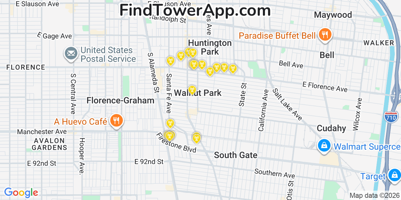 Map showing the 20 primary cell tower locations detected in Walnut Park, California from AT&T, Verizon, and T-Mobile networks