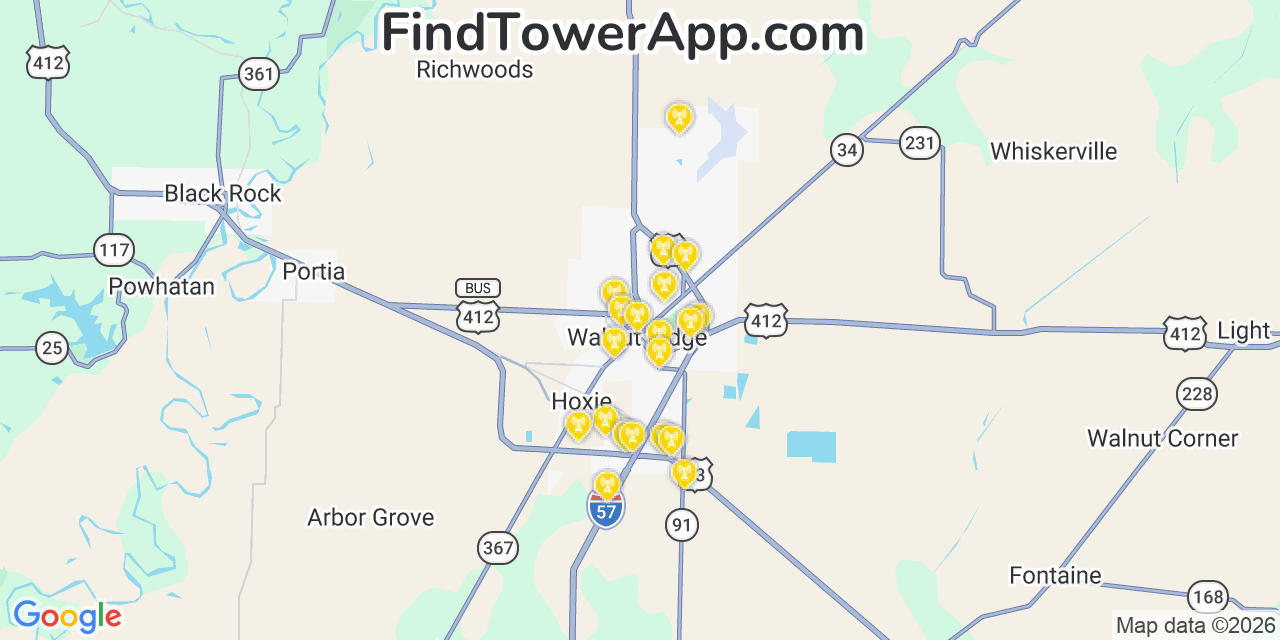 Map showing the 20 primary cell tower locations detected in Walnut Ridge, Arkansas from AT&T, Verizon, and T-Mobile networks