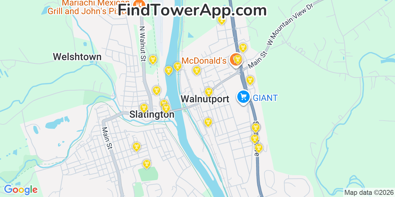 Map showing the 20 primary cell tower locations detected in Walnutport, Pennsylvania from AT&T, Verizon, and T-Mobile networks