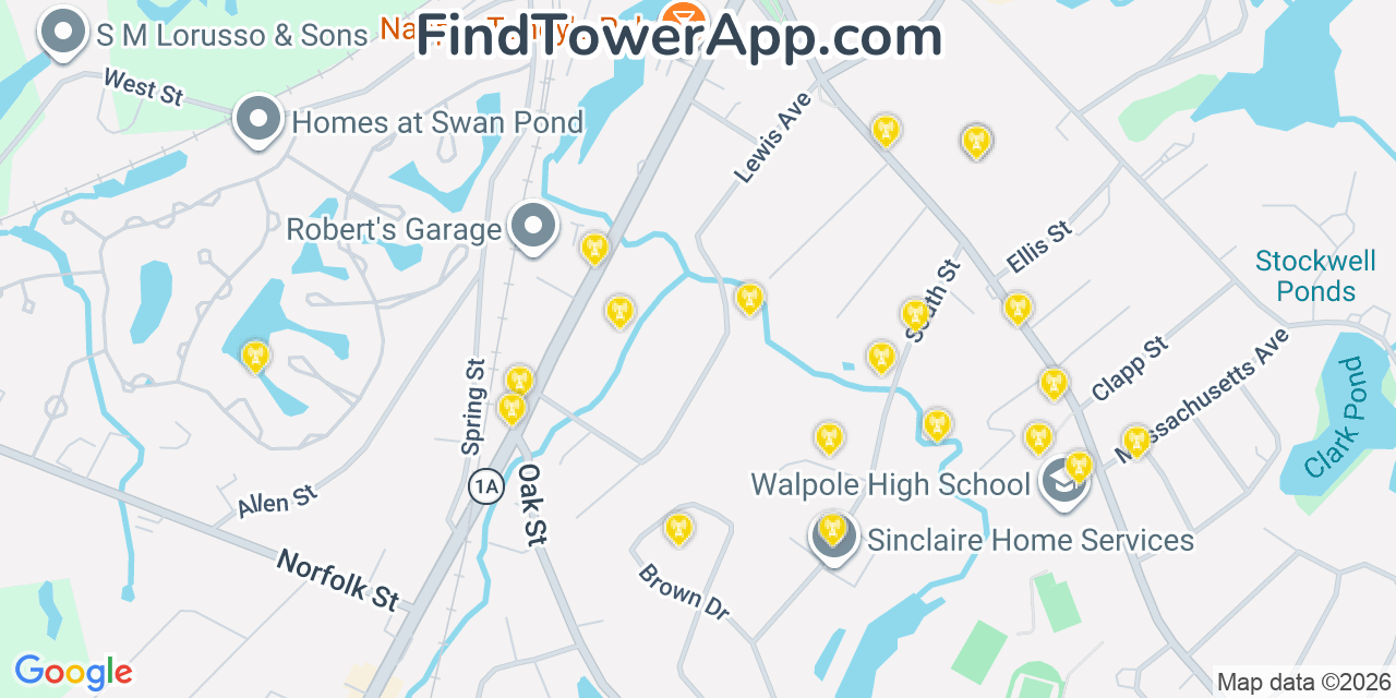 Map showing the 20 primary cell tower locations detected in Walpole, Massachusetts from AT&T, Verizon, and T-Mobile networks