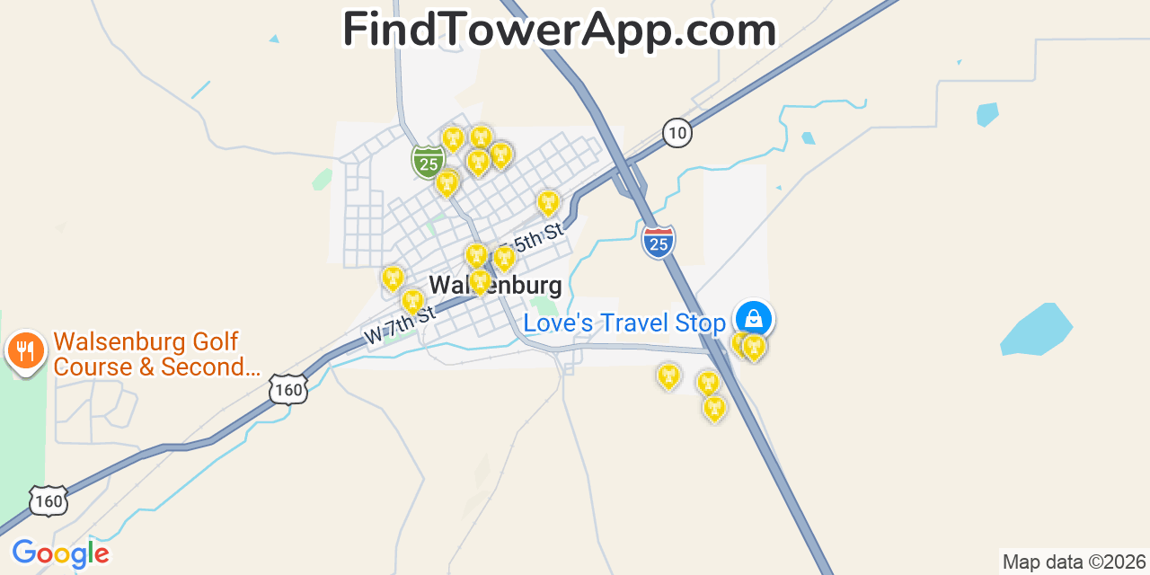 Map showing the 20 primary cell tower locations detected in Walsenburg, Colorado from AT&T, Verizon, and T-Mobile networks