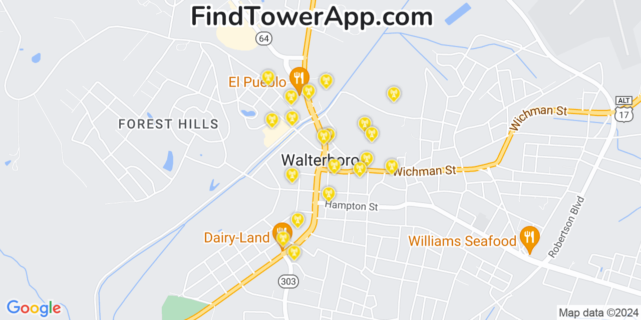 AT&T 4G/5G cell tower coverage map Walterboro, South Carolina