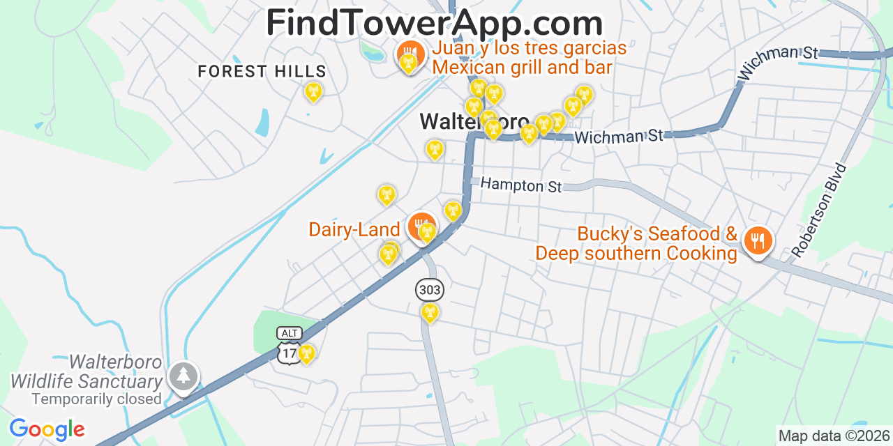 Map showing the 20 primary cell tower locations detected in Walterboro, South Carolina from AT&T, Verizon, and T-Mobile networks