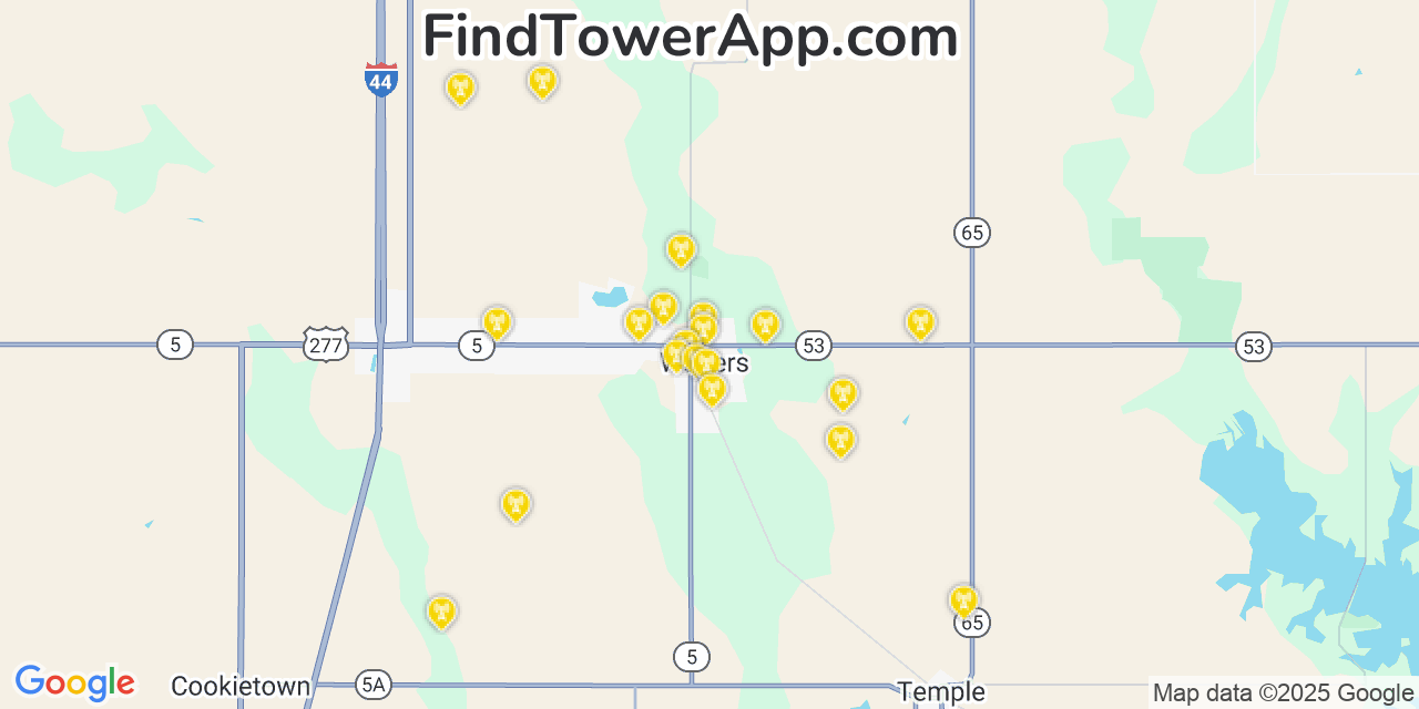 Map showing the 20 primary cell tower locations detected in Walters, Oklahoma from AT&T, Verizon, and T-Mobile networks