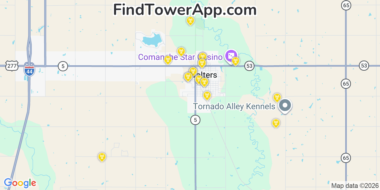Map showing the 20 primary cell tower locations detected in Walters, Oklahoma from AT&T, Verizon, and T-Mobile networks