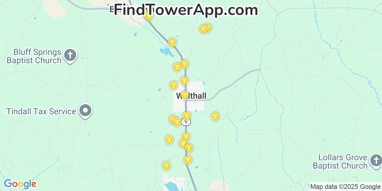 Map showing the 20 primary cell tower locations detected in Walthall, Mississippi from AT&T, Verizon, and T-Mobile networks