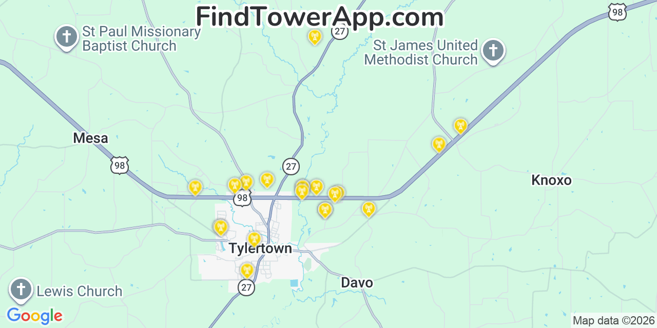 Map showing the 20 primary cell tower locations detected in Walthall, Mississippi from AT&T, Verizon, and T-Mobile networks