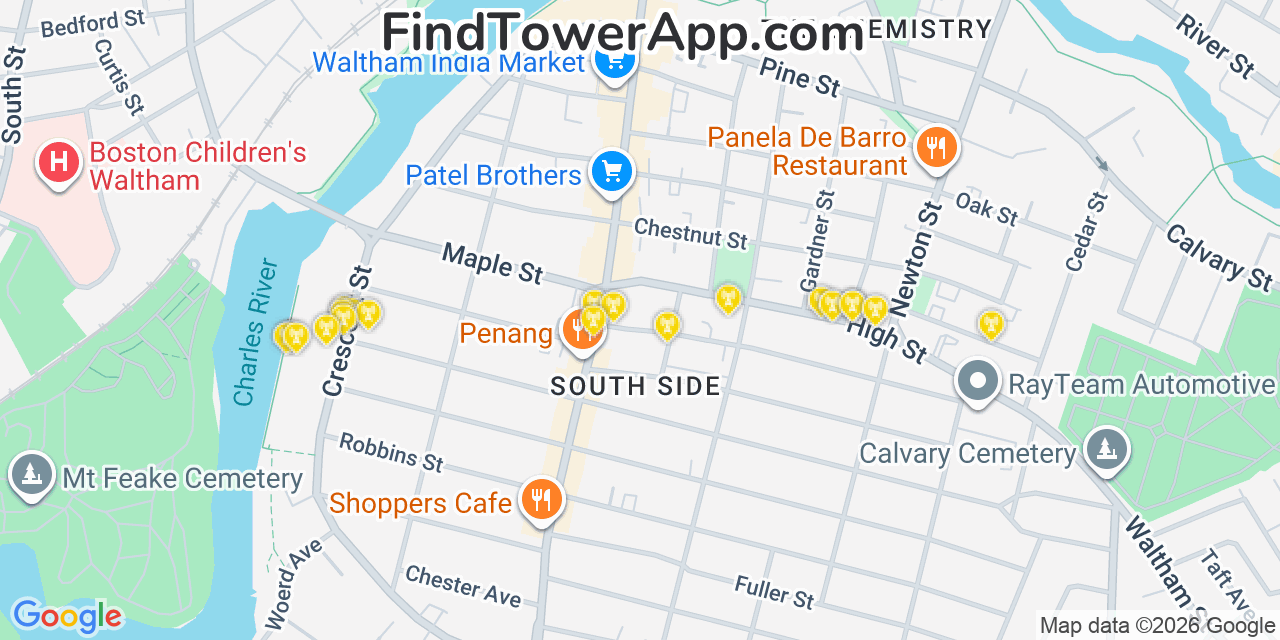 Map showing the 20 primary cell tower locations detected in Waltham, Massachusetts from AT&T, Verizon, and T-Mobile networks