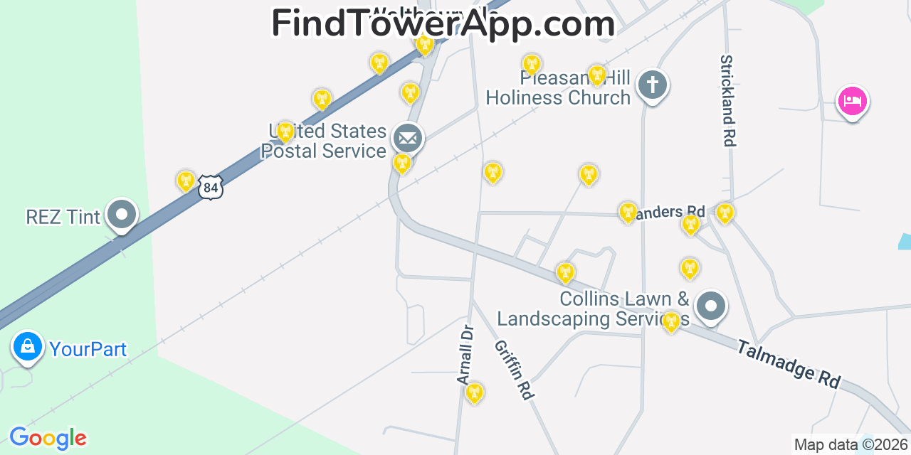 Map showing the 20 primary cell tower locations detected in Walthourville, Georgia from AT&T, Verizon, and T-Mobile networks