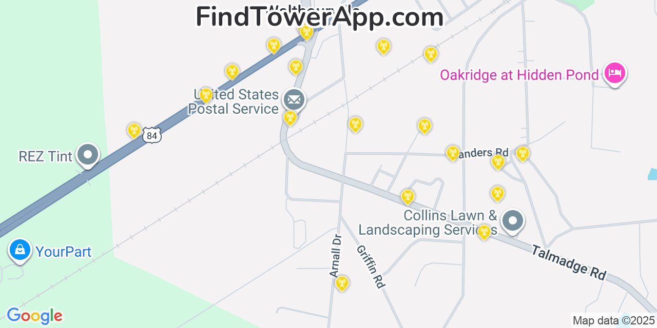 Map showing the 20 primary Mobitel cell tower locations detected in Walthourville, Georgia with coverage radius and signal strength indicators
