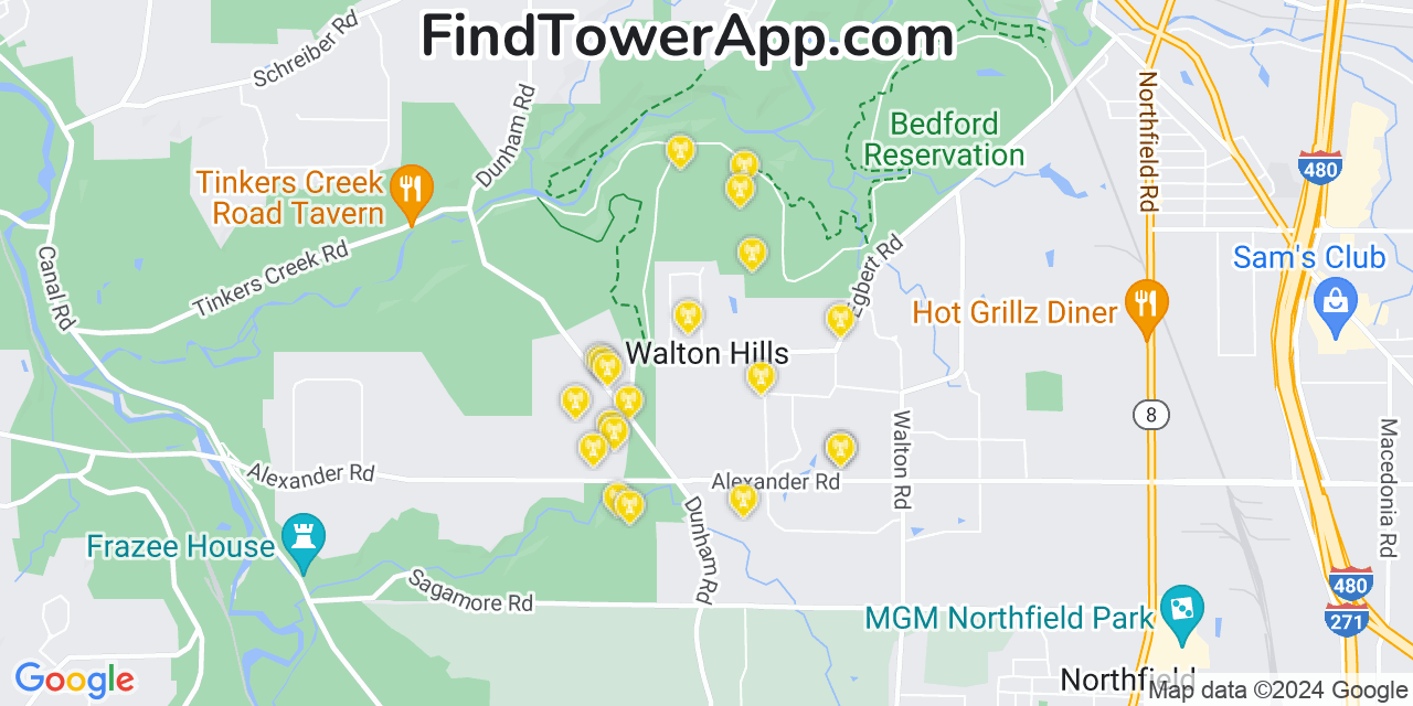 AT&T 4G/5G cell tower coverage map Walton Hills, Ohio