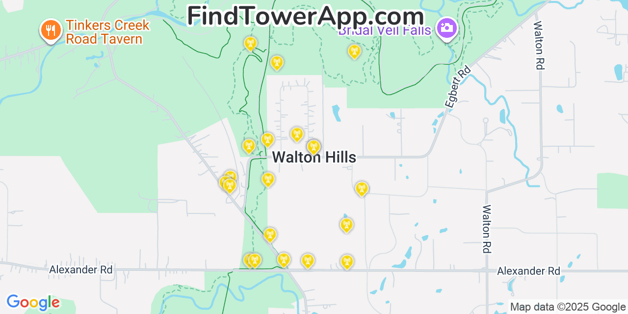 Map showing the 20 primary cell tower locations detected in Walton Hills, Ohio from AT&T, Verizon, and T-Mobile networks