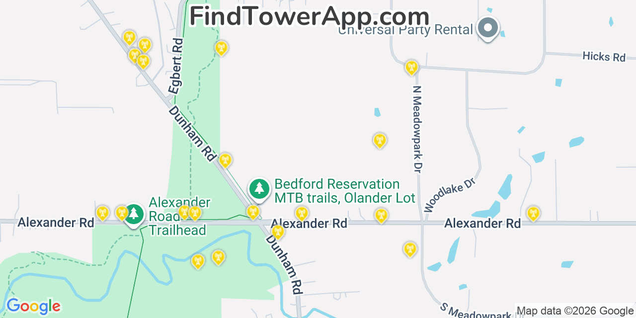 Map showing the 20 primary cell tower locations detected in Walton Hills, Ohio from AT&T, Verizon, and T-Mobile networks