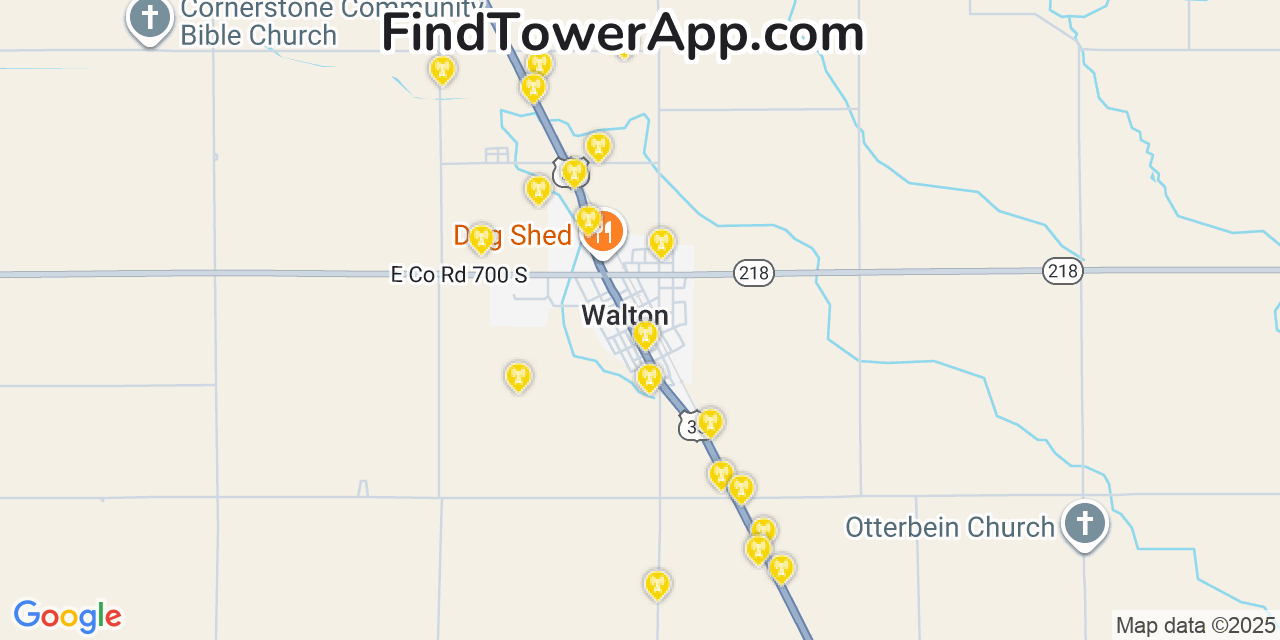 Map showing the 20 primary cell tower locations detected in Walton, Indiana from AT&T, Verizon, and T-Mobile networks