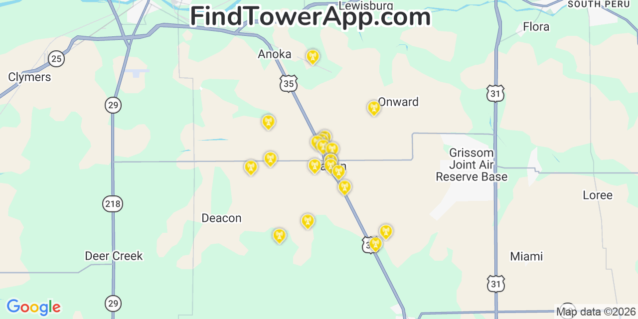 Map showing the 20 primary cell tower locations detected in Walton, Indiana from AT&T, Verizon, and T-Mobile networks