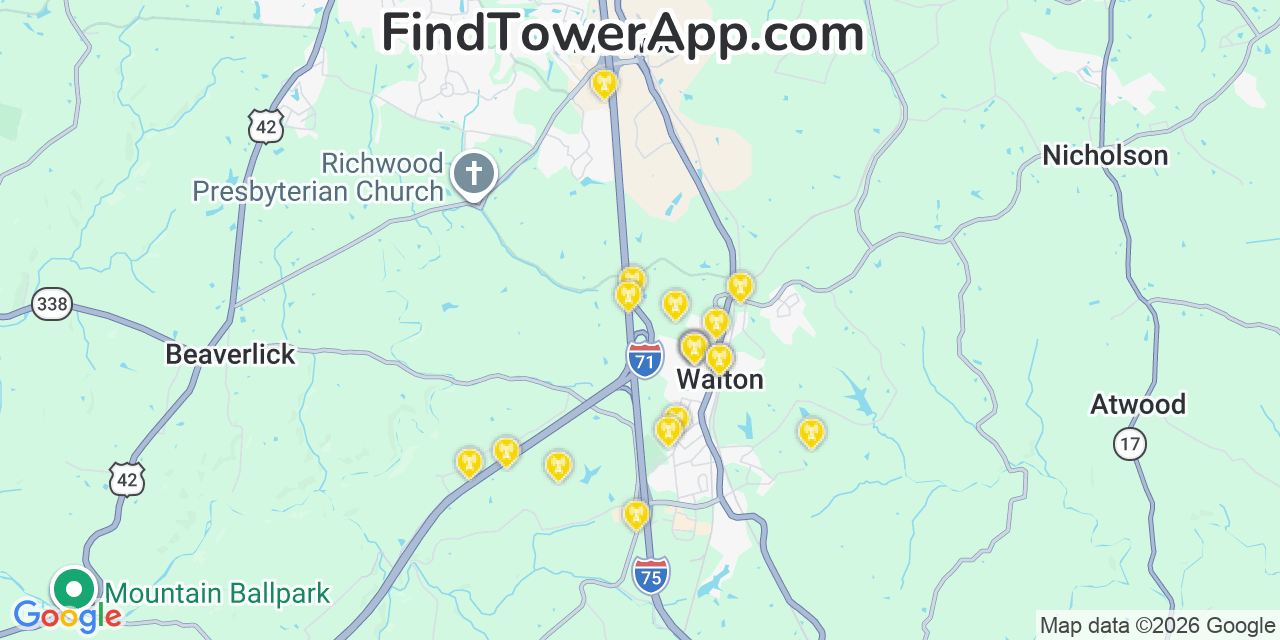 Map showing the 20 primary cell tower locations detected in Walton, Kentucky from AT&T, Verizon, and T-Mobile networks