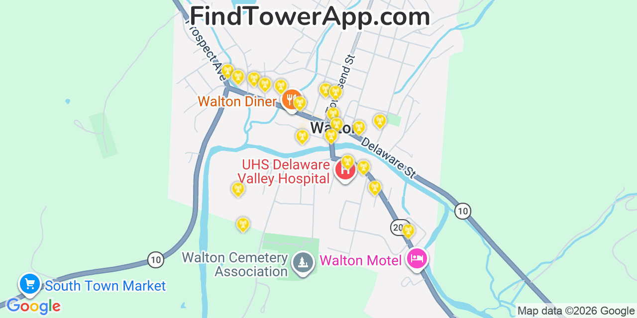 Map showing the 20 primary cell tower locations detected in Walton, New York from AT&T, Verizon, and T-Mobile networks