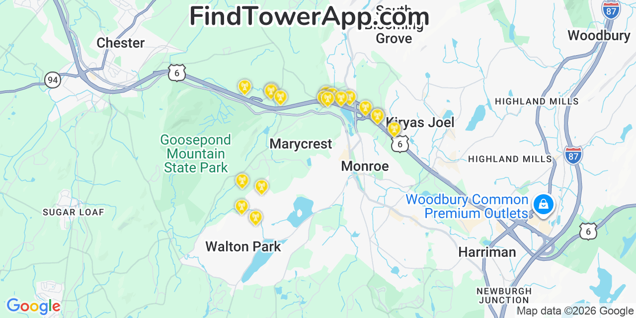Map showing the 20 primary cell tower locations detected in Walton Park, New York from AT&T, Verizon, and T-Mobile networks