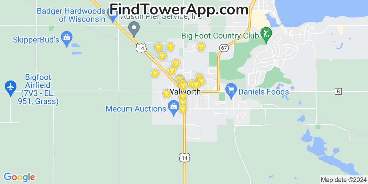 AT&T 4G/5G cell tower coverage map Walworth, Wisconsin