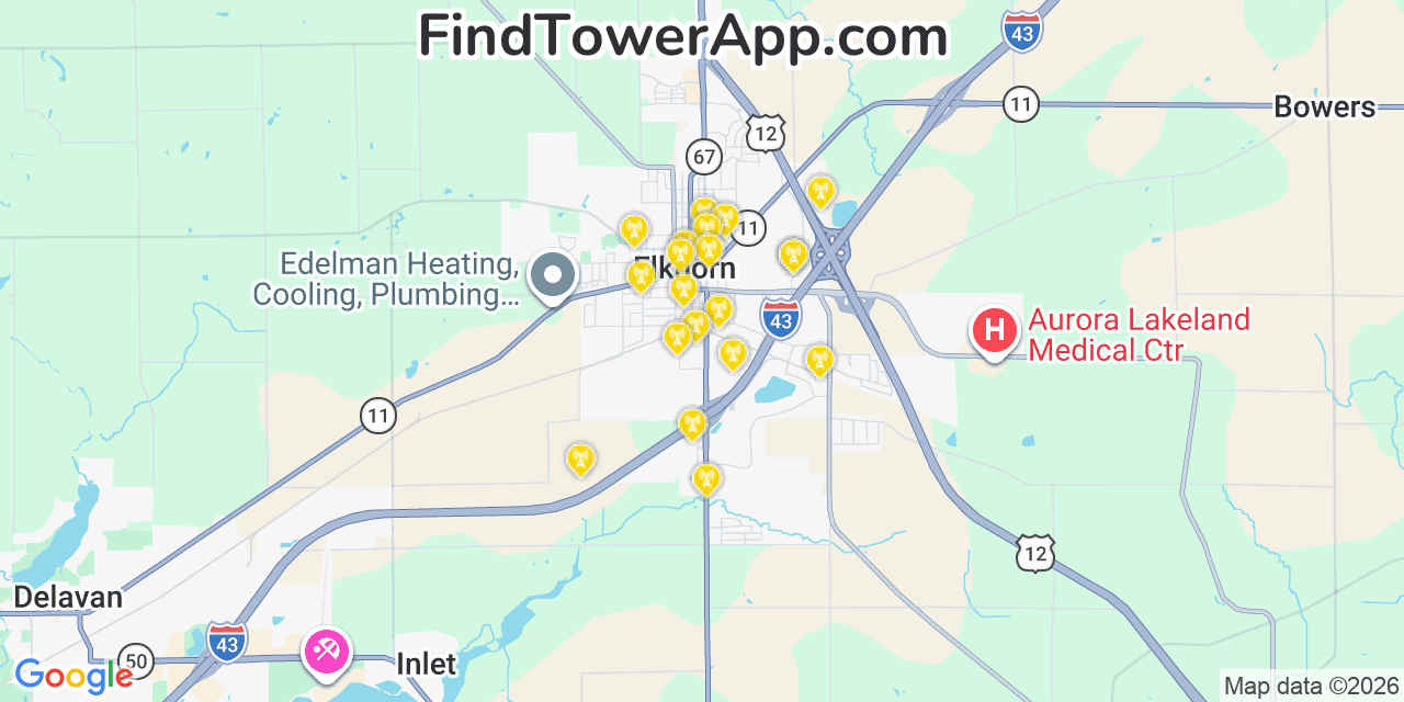 Map showing the 20 primary cell tower locations detected in Walworth, Wisconsin from AT&T, Verizon, and T-Mobile networks
