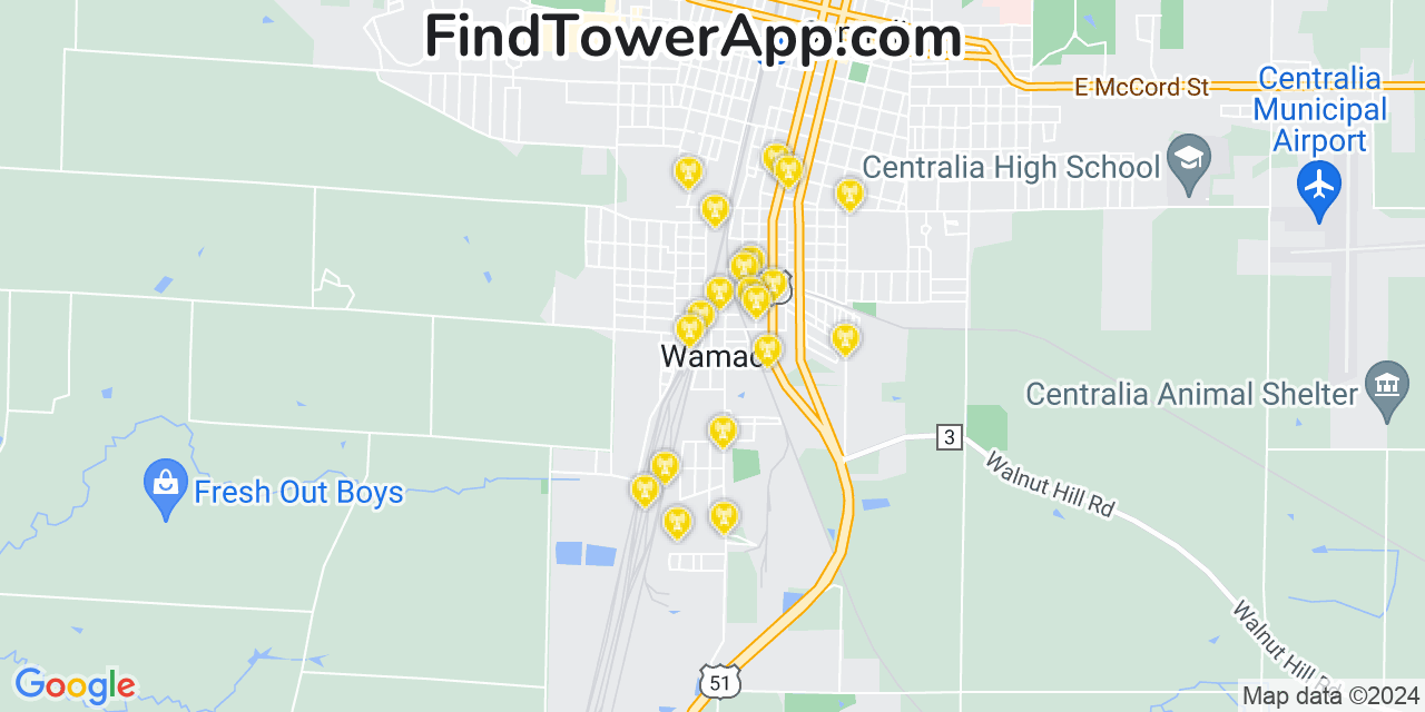 AT&T 4G/5G cell tower coverage map Wamac, Illinois