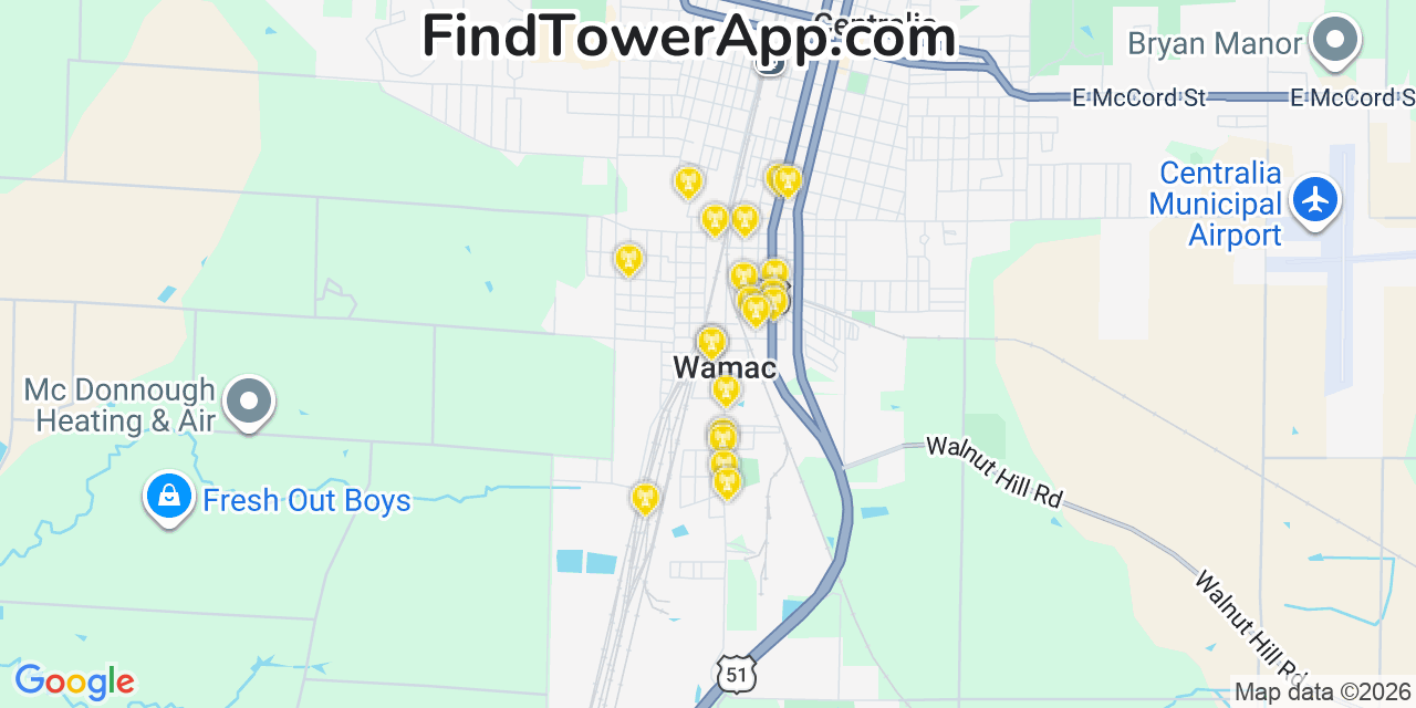 Map showing the 20 primary cell tower locations detected in Wamac, Illinois from AT&T, Verizon, and T-Mobile networks