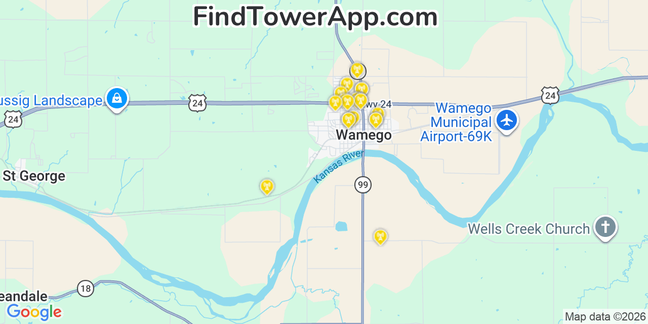 Map showing the 20 primary cell tower locations detected in Wamego, Kansas from AT&T, Verizon, and T-Mobile networks