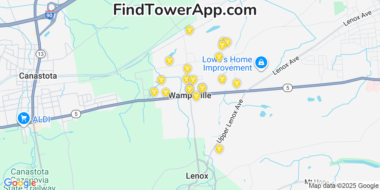 Map showing the 20 primary cell tower locations detected in Wampsville, New York from AT&T, Verizon, and T-Mobile networks
