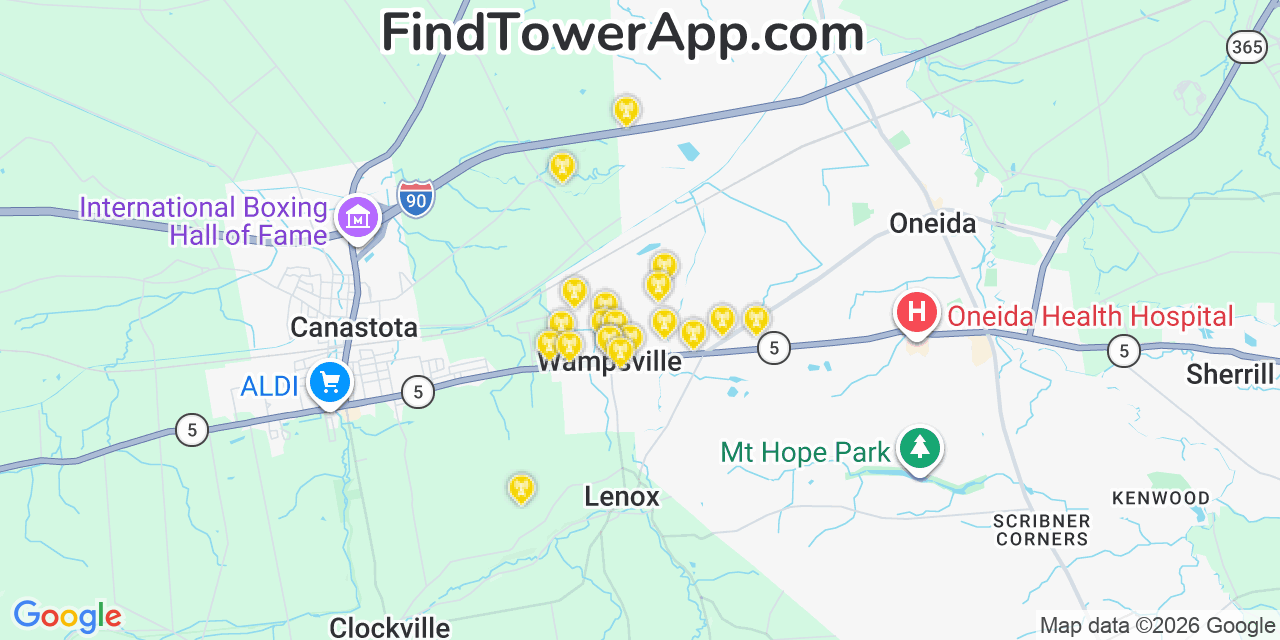Map showing the 20 primary cell tower locations detected in Wampsville, New York from AT&T, Verizon, and T-Mobile networks