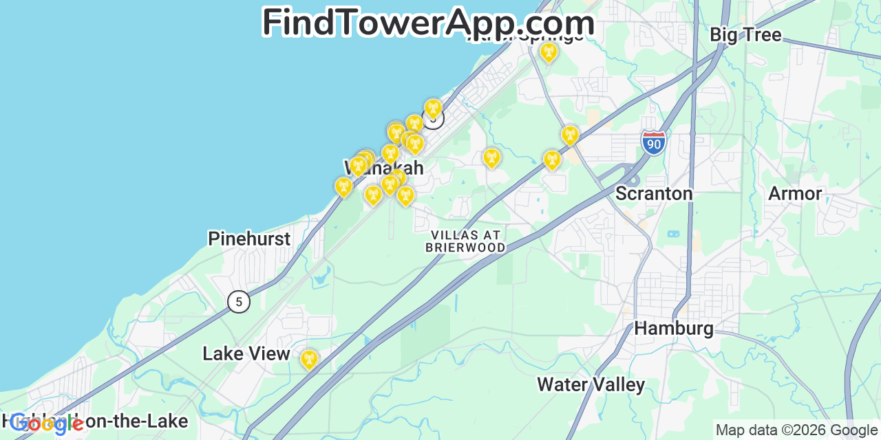 Map showing the 20 primary cell tower locations detected in Wanakah, New York from AT&T, Verizon, and T-Mobile networks