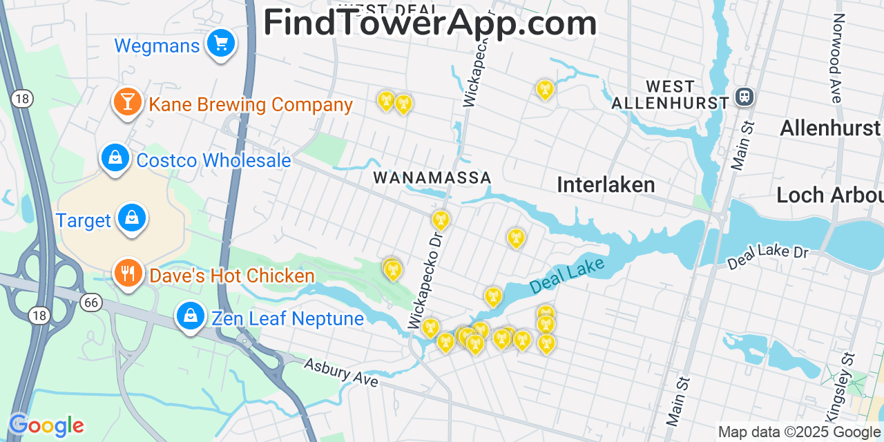 Map showing the 20 primary cell tower locations detected in Wanamassa, New Jersey from AT&T, Verizon, and T-Mobile networks