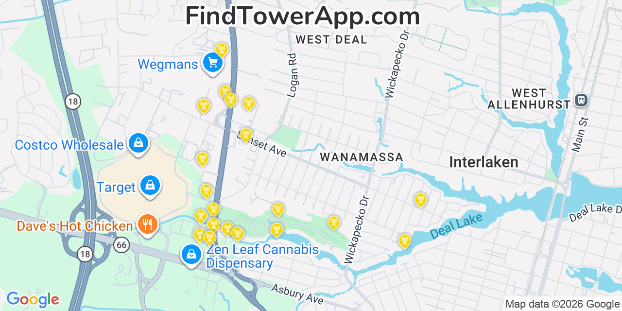 Map showing the 20 primary cell tower locations detected in Wanamassa, New Jersey from AT&T, Verizon, and T-Mobile networks