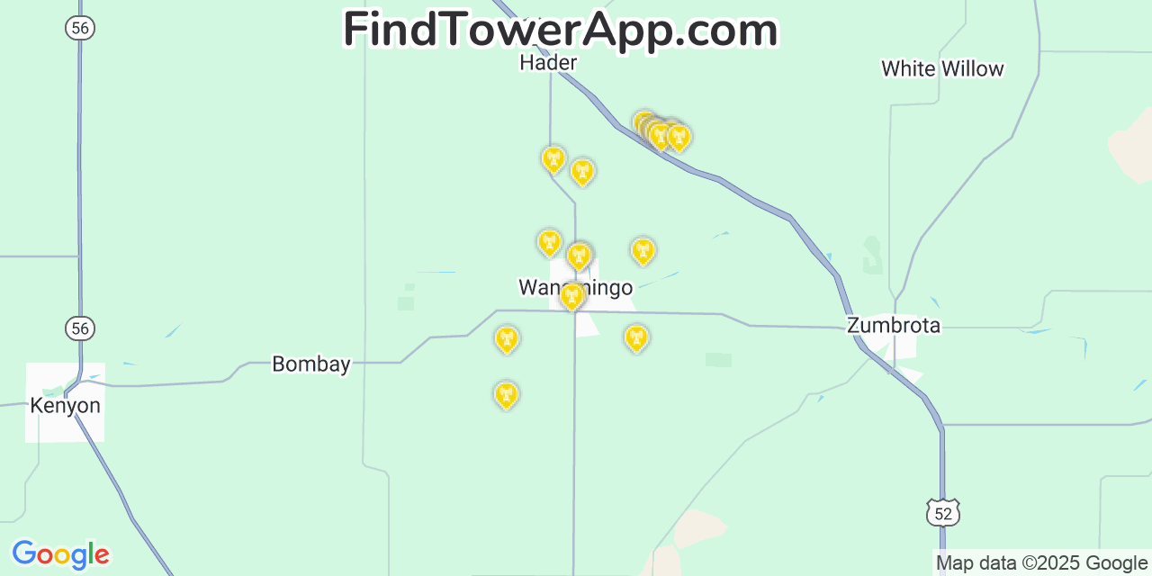 Map showing the 20 primary cell tower locations detected in Wanamingo, Minnesota from AT&T, Verizon, and T-Mobile networks