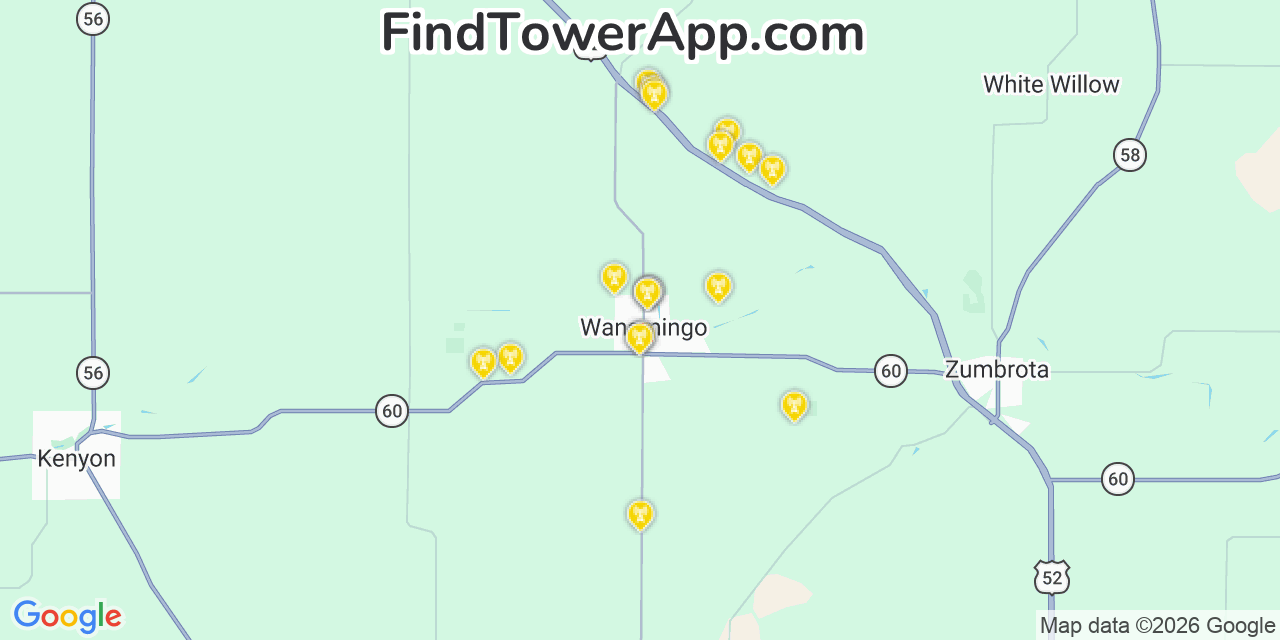 Map showing the 20 primary cell tower locations detected in Wanamingo, Minnesota from AT&T, Verizon, and T-Mobile networks