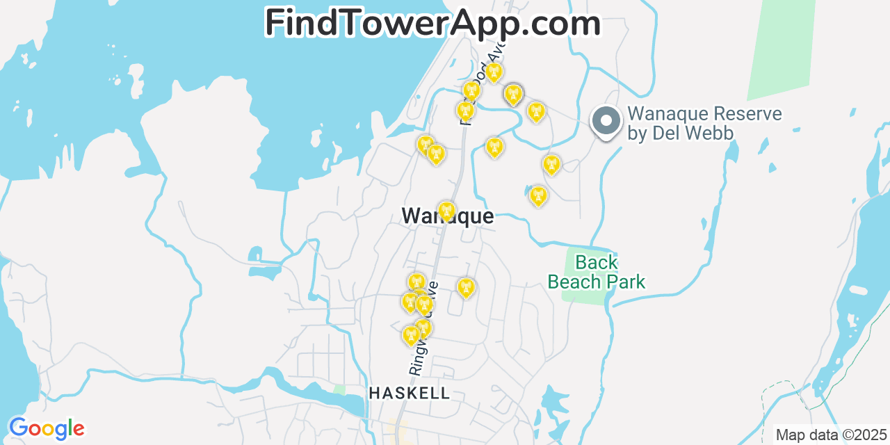 Map showing the 20 primary cell tower locations detected in Wanaque, New Jersey from AT&T, Verizon, and T-Mobile networks